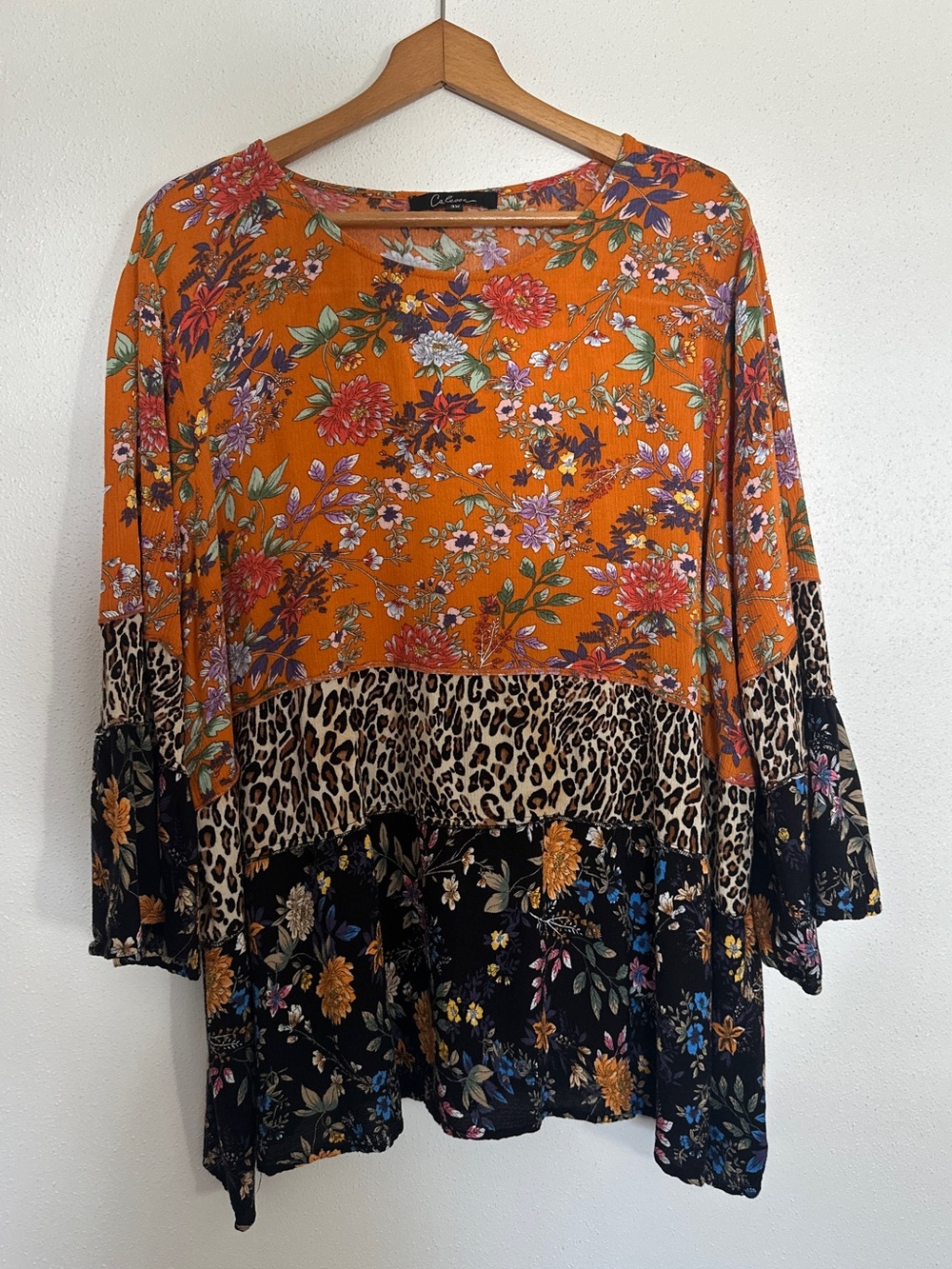 Floral & Leopard Mixed-Print Boho Tunic - Orange
